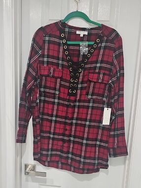 Active USA Red Plaid Tunic with Lace-Up Detail